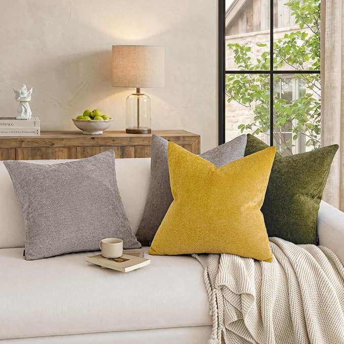 Fall Decorative Throw Pillow Covers Pack of 2,20x20 Inch Mustard Yellow | Twill Chenille Cushion Covers for Sofa Living Room Couch Bed