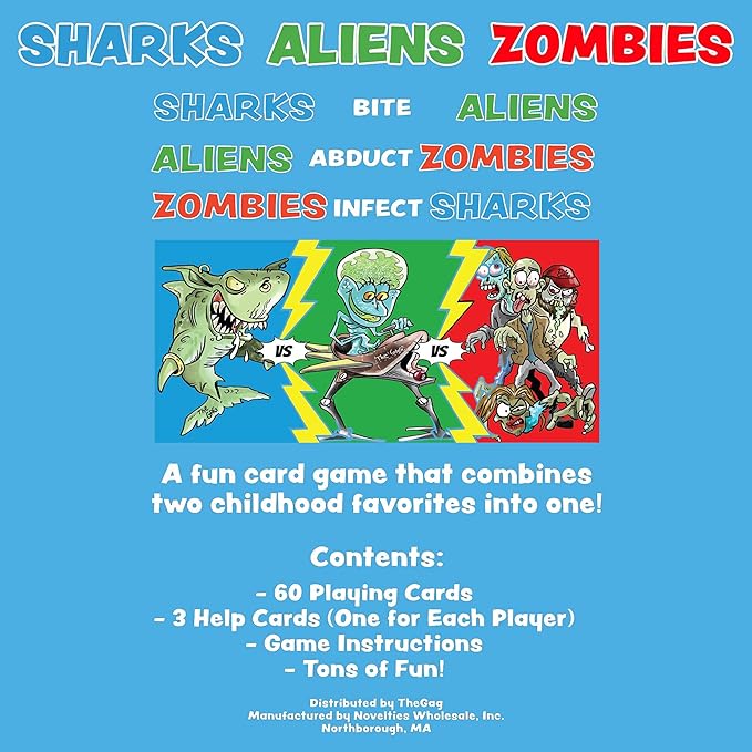 Sharks Aliens Zombies: Fun Card Game for Kids Played Like Rock Paper Scissors War for Family Game Night Gift Giving Stocking Stuffer