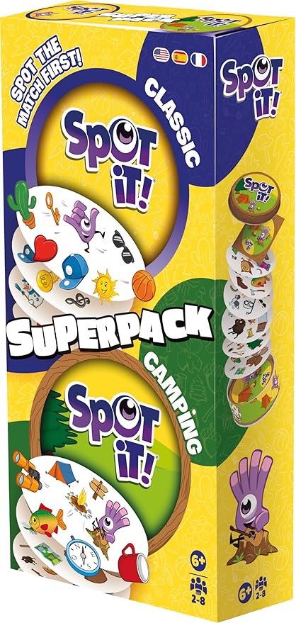 Asmodee Spot It! Super Pack (2024 Refresh) Eco Big Box - Includes Classic and Camping Editions, Family Card Game Bundle for Quick Reflexes, Ages 6+, 2-8 Players, 10 Minute Playtime