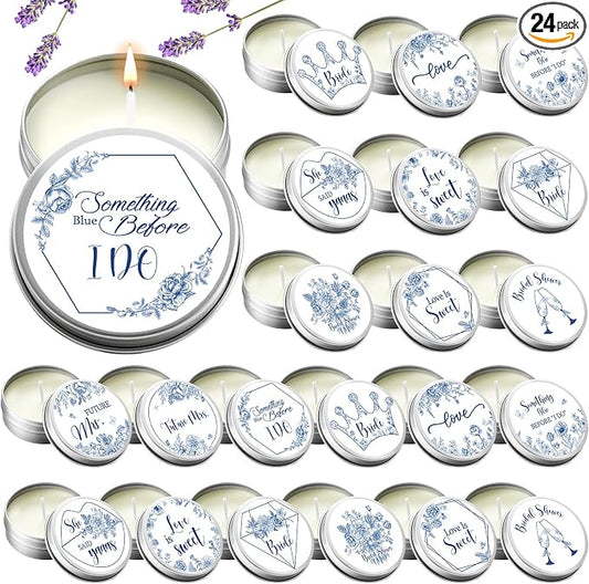 Treela 24 Pcs Something Blue Before I Do Candles Favors Lavender Scented Candle Tins with Lids Floral Candle Gift Favors for Something Blue Bridal Shower Bachelorette Engagement Wedding Party