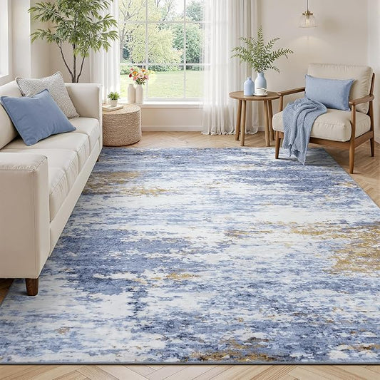 5x7 Area Rug for Living Room, Abstract Washable Non-Slip Rugs, Light Blue | Neutral Carpet for Bedroom, Dining Room, Home Office Nursery, Indoor, Stain Resistant, Low Pile, Non-Shedding Modern Rug