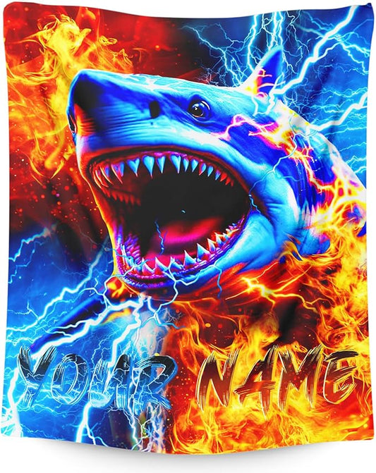 Boys Shark Blankets Personalized Throw Blankets for Kids Teens, 60x80 Inches Lightweight Comfy Custom Throw for Sofa Chair Bed Office Home Decor