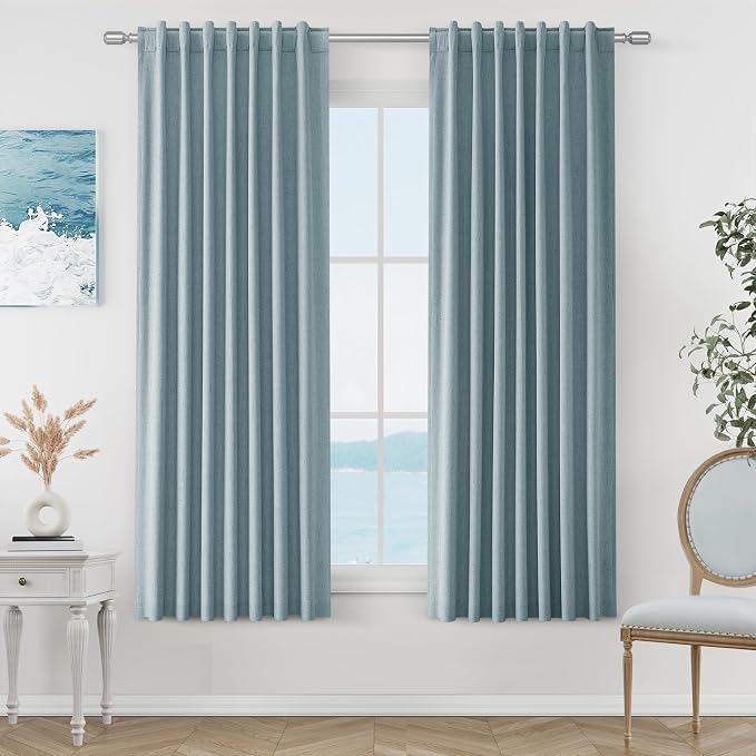 Guken Blue 100% Blackout Linen Curtains 63 Inch Length 2 Panels Set for Living Room Bedroom Back Tab Rod Pocket Thermal Insulated Black Out Drapes Room Darkening Farmhouse Window Curtains 52x63