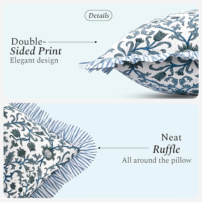 CPC Ocean Vine Hand Block Print 100% Cotton Ruffle Throw Pillow Cover 18x18 inch with Hidden Zipper Decorative for Couch, Bed, Sofa, Farmhouse, Cottagecore Decor Gift Christmas Fall Thanksgiving