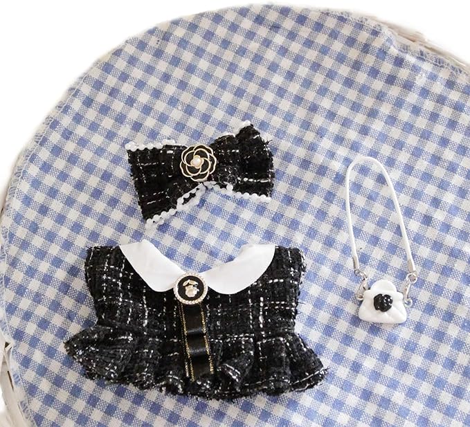 17cm Doll Clothes Set and Accessories Suit,(NO Doll) 3-Piece Set, Clothes for Labubu, Little Fragrant Style, Dolls Keychain Accessories, Includes Dress, Matching Hair Bow, Bags(Black)