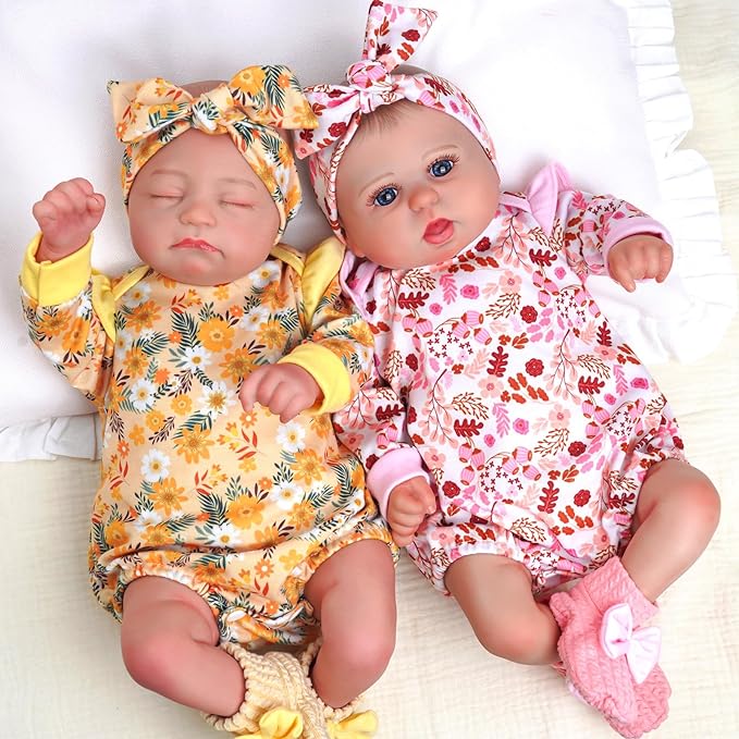 BABESIDE 3 Pcs Reborn Baby Doll Clothes for 17-22 Inch Babydolls, Floral Pattern Doll Clothes Onesies with Shoes and Headband for Lifelike Reborn Baby Dolls Accessories, Yellow