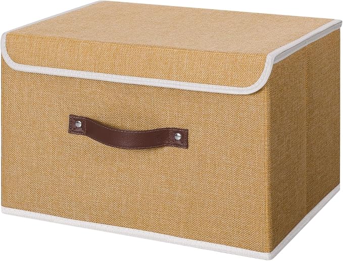 ANMINY Fabric Storage Box Bins with Lids, Khaki, 13"x9"x7.9" | Keepsake Memory Storage, Cotton Linen, PP Board Reinforced, Washable, PU Handles, Foldable & Stackable, Decorative, Medium