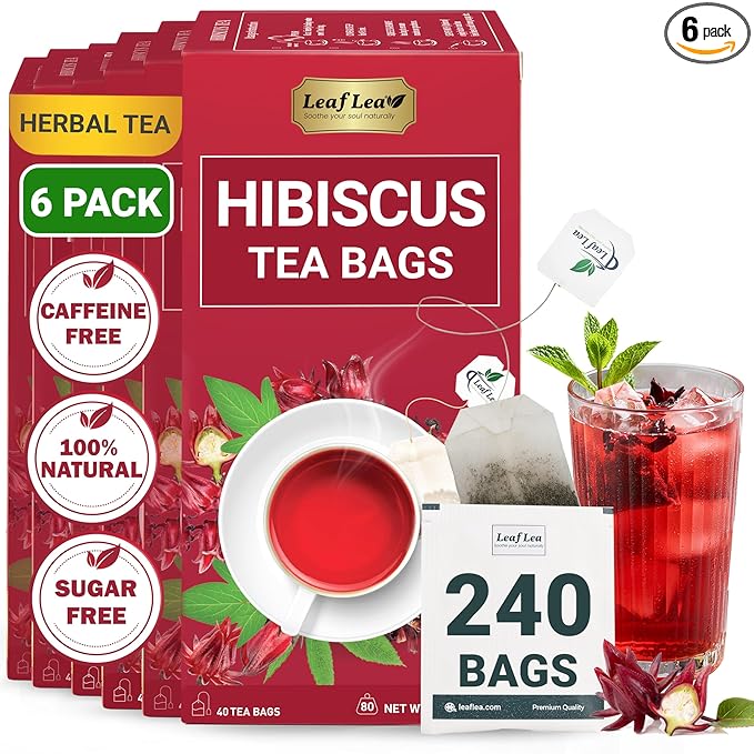 LeafLea Premium Hibiscus Flowers Tea Bags, Rich Flavor & Color, 240 Count | 100% Natural Hibiscus Flower Herbal Tea, Te De Hibisco, Jamaica Tea, Caffeine-Free, Sugar-Free, Non-GMO, 6 Pack
