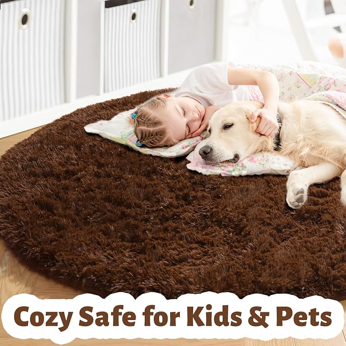 Amdrebio Dark Brown Rug 4Ft for Bedroom, Round Fluffy Shag Plush Area Rugs for Kids Room, Living Room Decor Aesthetic, Fuzzy Fur Floor Chocolate Coffee Circle Carpet for Playroom Dorm Baby Nursery
