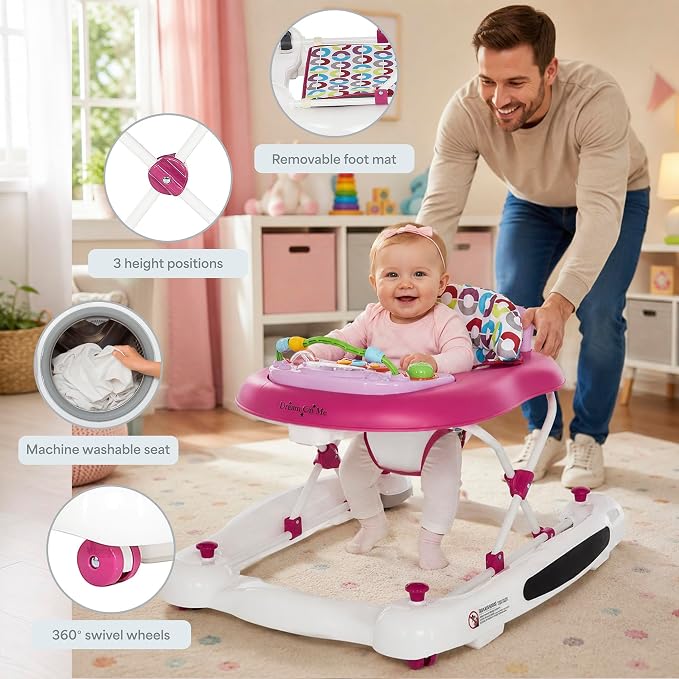 Dream On Me Go-Getter Baby Walker with Rear Push Handle, 2-in-1 Activity Walker and Walk-Behind, 3 Height Adjustments, Easy to Fold, Machine-Washable Seat Pad, Detachable Fun Tray, Pink