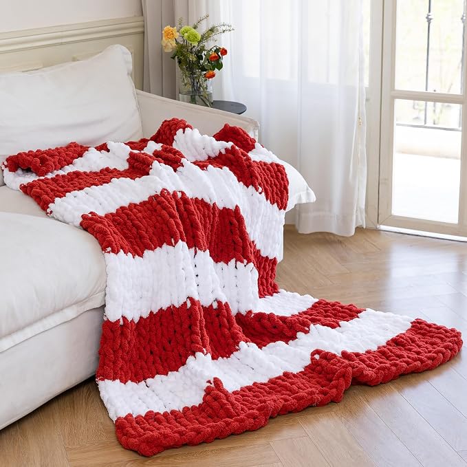 Chunky Knit Blanket - Luxury Soft Cozy 60 * 80 Throw Blanket,100% Woven Blanket Rope Knot Throw Blanket for Couch, Sofa, Home Decor, Gift - Machine Washable (White/Wine red, 60 * 80)