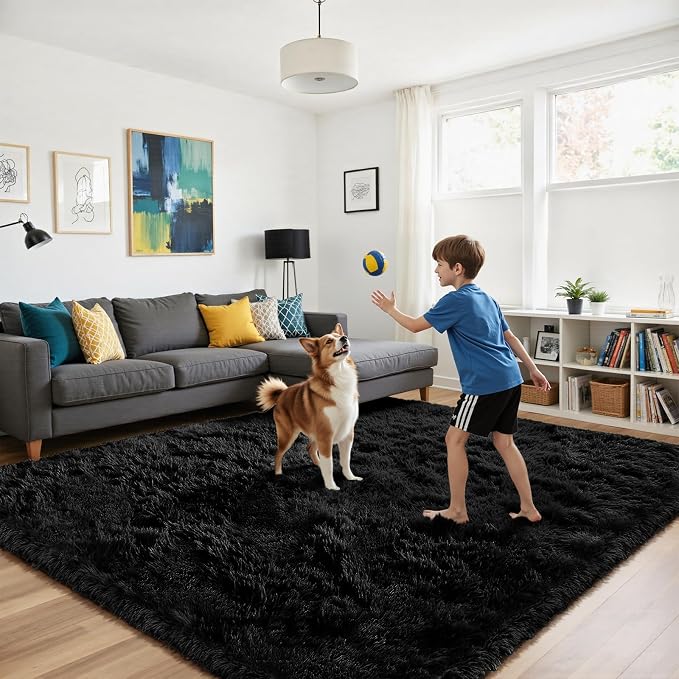 yongyangjuxin Fluffy Rug Shag Area Rug, Black 9x12 Area Rugs for Living Room, Large Shag Area Rugs for Bedroom Room Home Decor, Upgrade Anti-Skid Rectangular Fuzzy Rugs