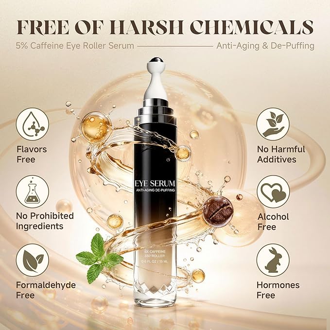 Eye Cream with 360° Roller, Anti Aging Treatment for Wrinkles & Fine Lines, Caffeine Under Eye Serum for Dark Circles & Puffiness, Retinol Peptides, 0.5 fl oz