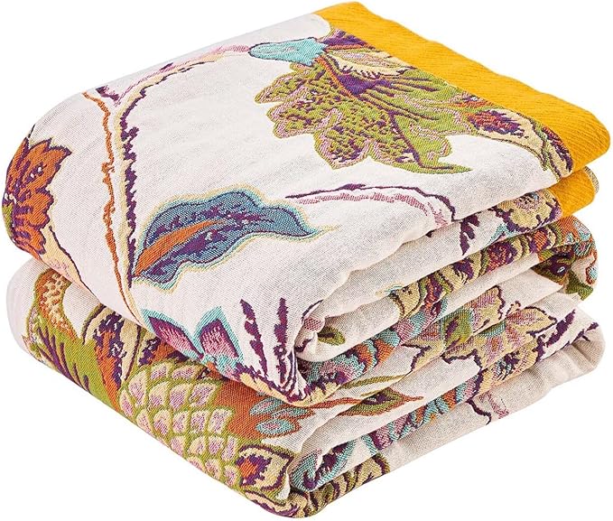 XIBLC Boho Throw Blanket 100% Cotton Vintage Blanket Muslin Woven Flower Decorative Throw Blankets All Season Bohemian Rustic Farmhouse Decor Quilt for Bed (Beige 60"x80")