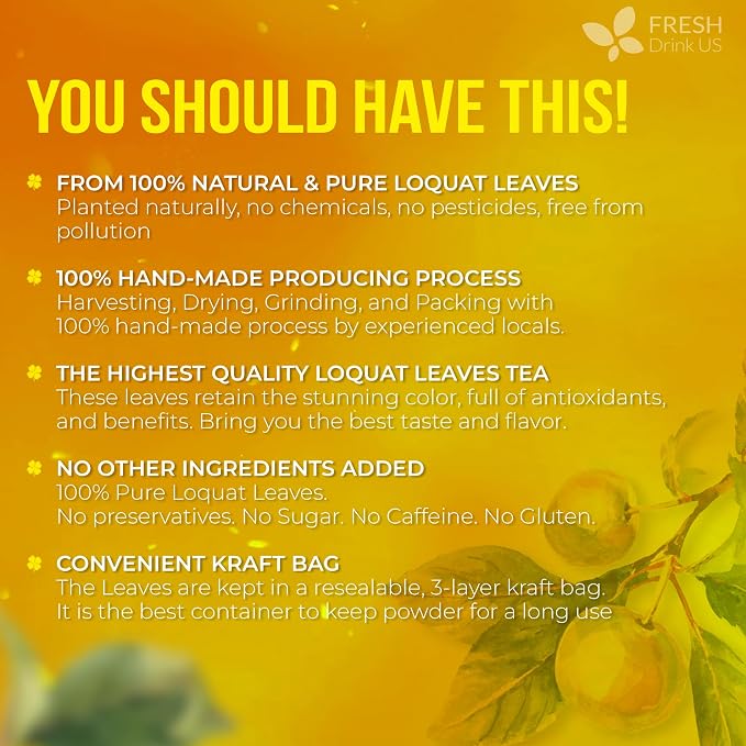FreshDrinkUS, Premium 8oz Loquat Leaves | Dried Loquat Loose Leaf Tea | Eriobotrya japonica | Naturally Dried, Cut & Sifted | Herbal Tea Ingredient. Sugar-Free. Caffeine-Free. Vegan