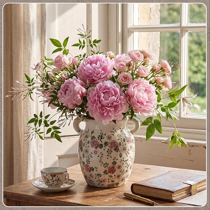 LemonRoad Vintage Planter Large Ceramic Plants Pot Beige Chinoiserie Floral Cottage Scroll Vase Flower Pot Indoor Home Farmhouse Kitchen Antique Decorative Gifts(Red Plum Blossom,7.7 Inch)