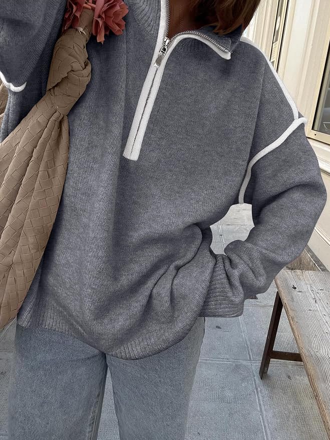 ANRABESS Womens Quarter Zip Sweaters Fall Long Sleeve V Neck Shirts Collared Business Casual Tops Knit Pullover Sweatshirts