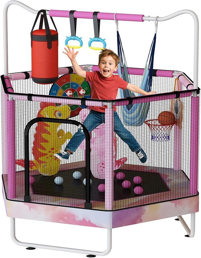 LAMERGE 55" 7-in-1 Round Trampoline for Kids Boys & Girls Ages 1-8, Indoor & Outdoor Trampoline for Fun, Adjustable Height Handrail ＆ Enclosed Safety Net ＆ Durable Designs for Toddlers Children