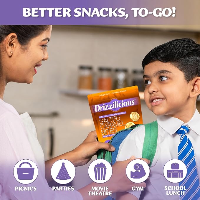 Drizzilicious Mini Flavored Rice Cakes Salted Caramel - Rice Crisps, Healthy Snack for Adults and Kids, Vegan, Gluten Free Snack, Allergen Free, Only 90 Calories Per Bag - 0.74 oz (Pack of 10)