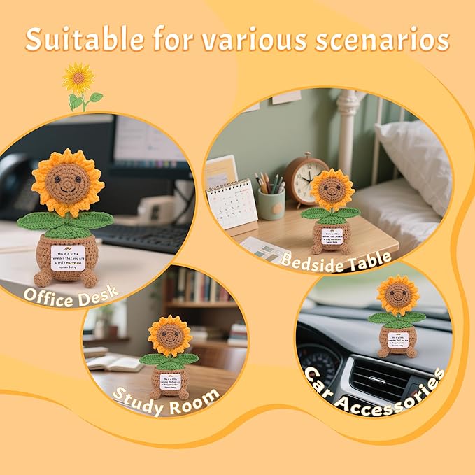Positive Sunflower Crochet Gifts with Inspirational Card, Handmade Emotional Support Cute Sunflower Toy for Women Friends, Teacher, Coworker Birthday Christmas Thank You Gifts