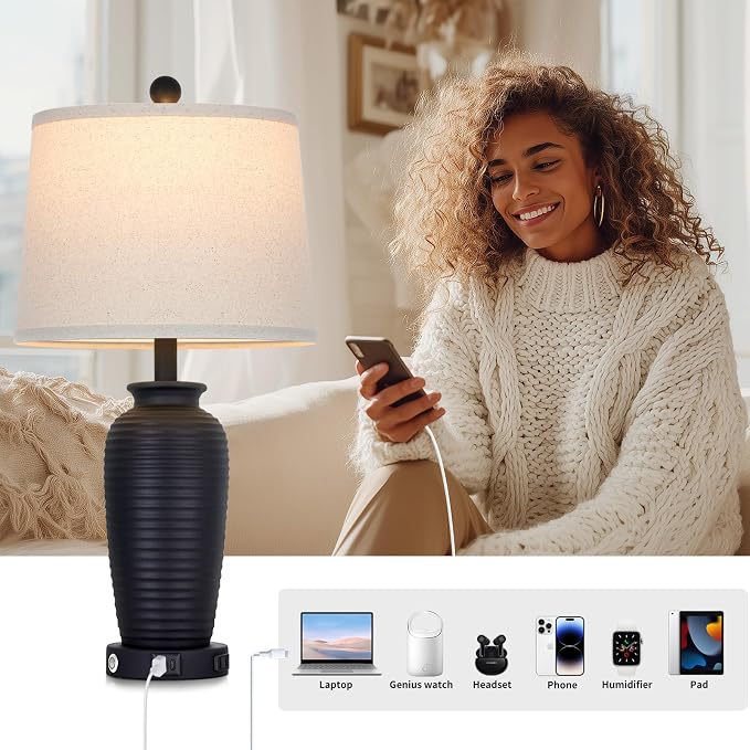 CINSARY 25" Retro Black Farmhouse Jar Table Lamps, 3 Way Touch Control Rustic Bedside Lamps with USB A+C Ports & AC Outlet, Pot Nightstand Lamps for Bedroom Living Room (LED Bulbs Included)