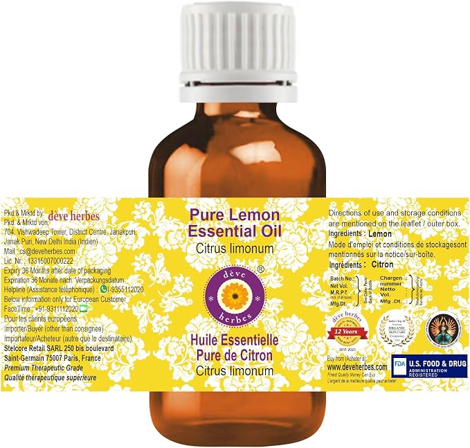 Deve Herbes Pure Lemon Essential Oil (Citrus limonum) Steam Distilled 50ml (1.69 oz)