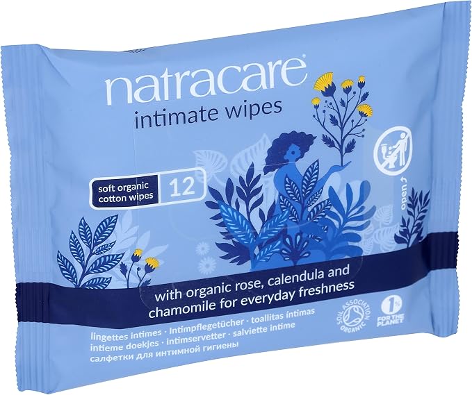 Natracare Organic Cotton Intimate Wipes Infused with Organic Essential Oils of Chamomile, Calendula and French Rose, 12 Wipes per pack (24 Pack, 288 wipes total)