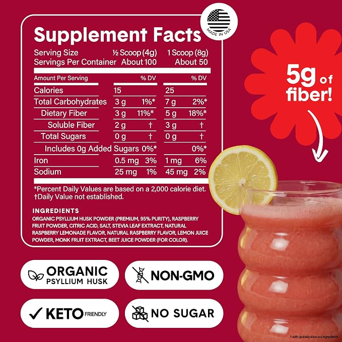 Bellway Super Fiber Powder + Fruit, Sugar Free Organic Psyllium Husk Powder Fiber Supplement for Regularity, Bloating Relief & Digestive Health, Plant-Based, Raspberry Lemon (50 Servings)