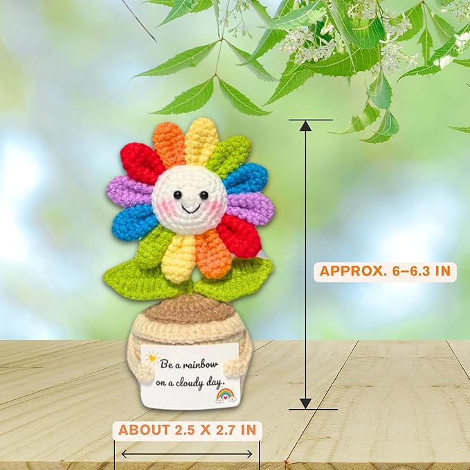 Emotional Support Crochet Flower in Rainbow Colors with Encouragement Card – Handmade Plush Decoration Gift for Desk, Office, Home – Thoughtful Gift for Women, Friends, Coworkers