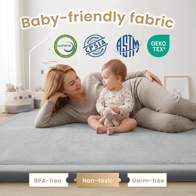ACOMOPACK Baby Play Mat for Floor 1.3" Thick Memory Foam Play Mat 39"×59" Tummy Time Crawling with Non-Slip Bottom for Living Room,Nursery,Soft Velvet Playpen Mats for Kids,Infants（Light Grey）