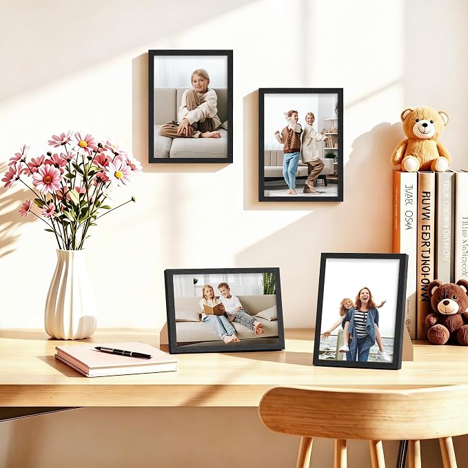 PEALSN 5x7 Picture Frame Set of 6, Black Woodgrain with HD Plexiglass | Modern Gallery Wall with Vertical and Horizontal Wall Mounting or Tabletop Display Options for Photos,Posters and Artwork