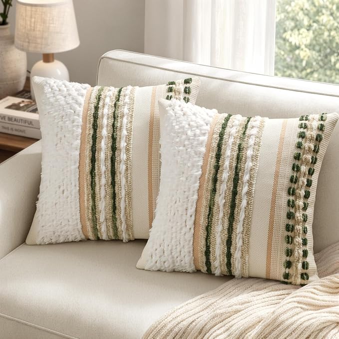ANRODUO Boho Decorative Throw Pillow Covers Plush Green 20x20 Pack of 2 | Chenille Tufted Couch Pillow Covers, Farmhouse Pillow Covers, Accent Neutral Pillowcase, Cushion Covers for Couch Sofa Bed