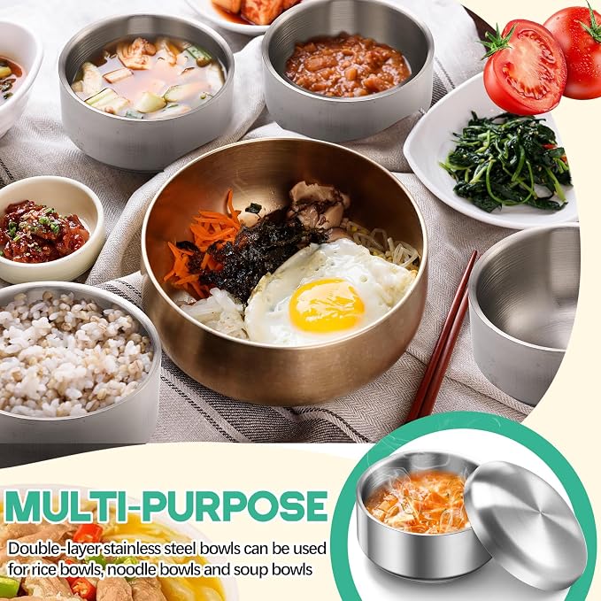 Reallnaive 4 Sets 17 oz Stainless Steel Korean Soup Rice Insulated Bowl with Lid for Metal Cereal Kitchen Restaurant Double Walled Anti Scalding Bowls for Soup Salad Noodles