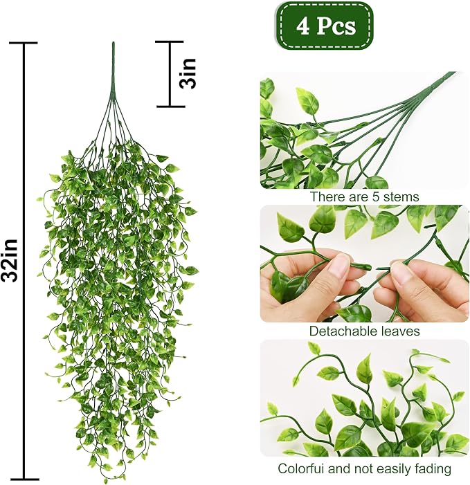 Waipfaru 4Pcs Artificial Hanging Plants, Fake Vines Boston Ivy | Fake Hanging Plants UV Resistant Ivy Artificial Plants Faux Plants Indoor Living Room Boho Wall Porch Shelf Decor