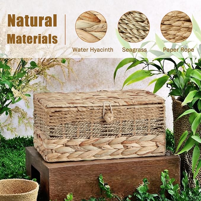 3PCS Wicker Storage Baskets with Lids Decorative Rattan Boxes | Handmade Natural Boho Woven Bins, Water Hyacinth Seagrass Paper Rope, Memory Keepsake Photo Makeup Container, Shelf Organizer