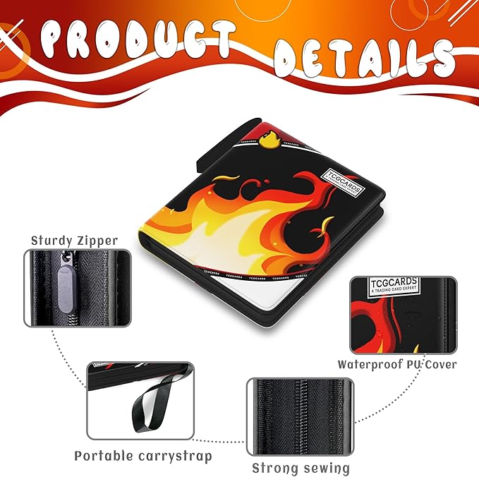 Trading Card Binder 4 Pocket, Card Binder 400 Pockels Card Book Holder Cards with 50 Removable Sleeves, 3-RingZip Design MTG/TCG/Sport Collectible Trading Card Albums Gifls for Boys and Girls (Fire）