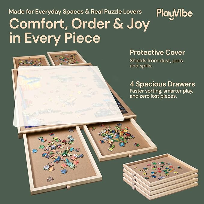 PlayVibe 1000 Piece Puzzle Board with Drawers and Cover - Portable Wooden Jigsaw Puzzle Tray with Drawers, Solve Station & Sturdy Table, Cozy Indoor Game Night