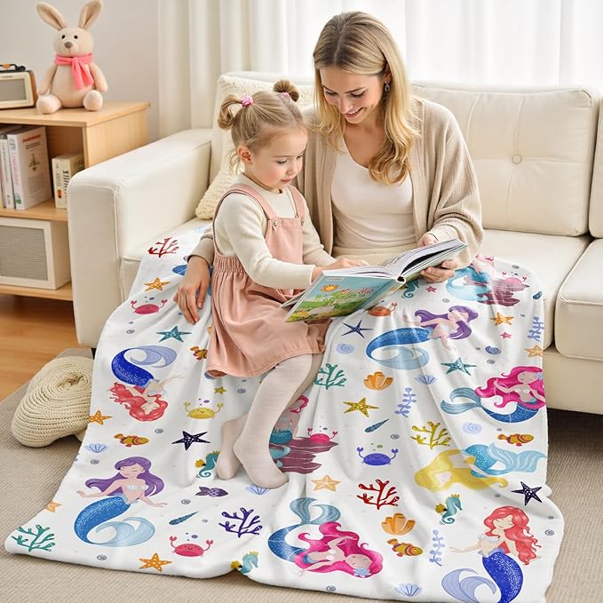 Wajade Kids Mermaid Blanket for Girls Soft Fleece Blanket for Couch Sofa Bedroom Mermaid Marine Life Throw Blanket for Kids Teens 60"x80"