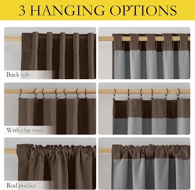 NICETOWN Brown Vintage Linen 100% Blackout Curtains for Living Room, W52 x L90 in, Set of 2, Thermal Insulated Curtains with Light Blocking Liner, Noise Reducing Window Treatments for Home Cinema
