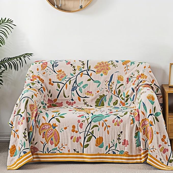 Boho Throw Blanket for Bed 100% Cotton Bohemian Blankets Ultra Soft Woven Muslin Decorative Blankets All Seasons Vintage Quilt Knitted Blanket for Sofa Chair(Yellow, 60"x80")