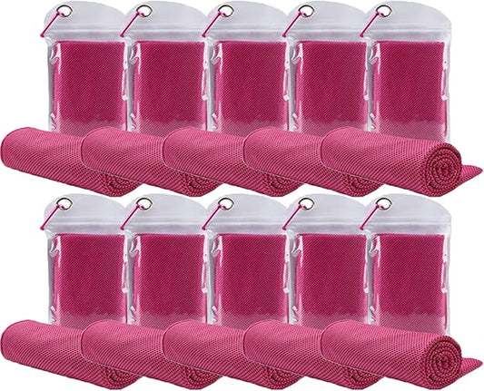 10 Pack Cooling Towels Bulk Microfiber Ice Towel Quick Dry Breathable Chilly Sweat Towel Stay Cool for Neck Face Yoga Gym Workout Running Pilates Beach with Carabin Bag, 40x12'', Rose