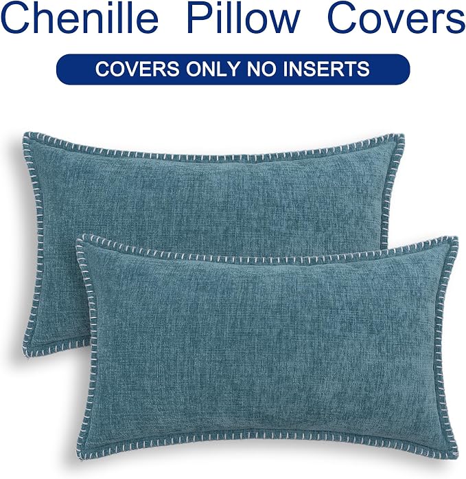 CaliTime Decorative Couch Throw Pillow Covers 20 X 12 Inches Smoke Blue | Pack of 2, Cozy Chenille Cushion Cases, Cotton Thread Stitching Edges, for Sofa Bed Living Room Farmhouse