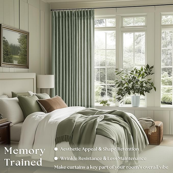 Sage Green Pinch Pleated Linen Light Filtering Curtains 80 Inches Long | Semi Sheer, 400GSM Thick Fabric, for Living Room Bedroom Window Sliding Glass Door, Pinch Pleat with Hooks Rings Back Tab