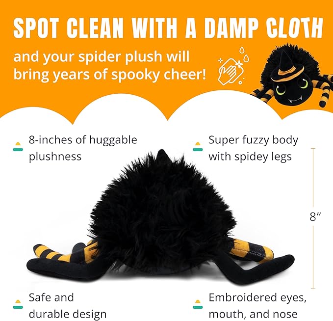 Wicked Fuzzy Spider Stuffed Animal with Witch Hat | Cute Halloween Plush | Surface Washable | Perfect for Spooky Home Decor - Wicked, 8 Inch