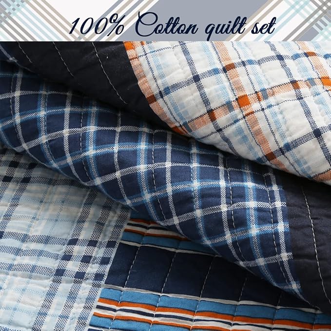 Cozy Line Home Fashions Bennett Quilt Bedding Set, Nautical Navy Orange Grid Striped 100% Cotton Reversible Coverlet Bedspread for Boy (Navy Orange, Twin - 2 Piece)