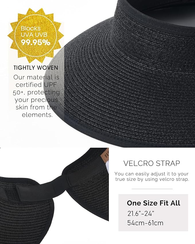 FURTALK Womens Sun Hat with Ponytail Hole Wide Brim Beach Straw Visor | Foldable & Packable for Beach Vacations, Adjustable Fit for Messy Buns, Detachable Windproof Strap, Sweat-Wicking Inner Band