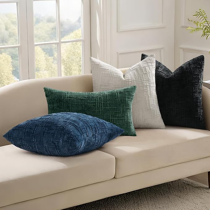 decorUhome Textured Chenille Throw Pillow Covers 16x16 Set of 2 Green | Fall Modern Farmhouse Soft Cozy Slubby Couch Pillow Cases Boho Decorative Pillow Cases for Bed Sofa Living Room Home Decor