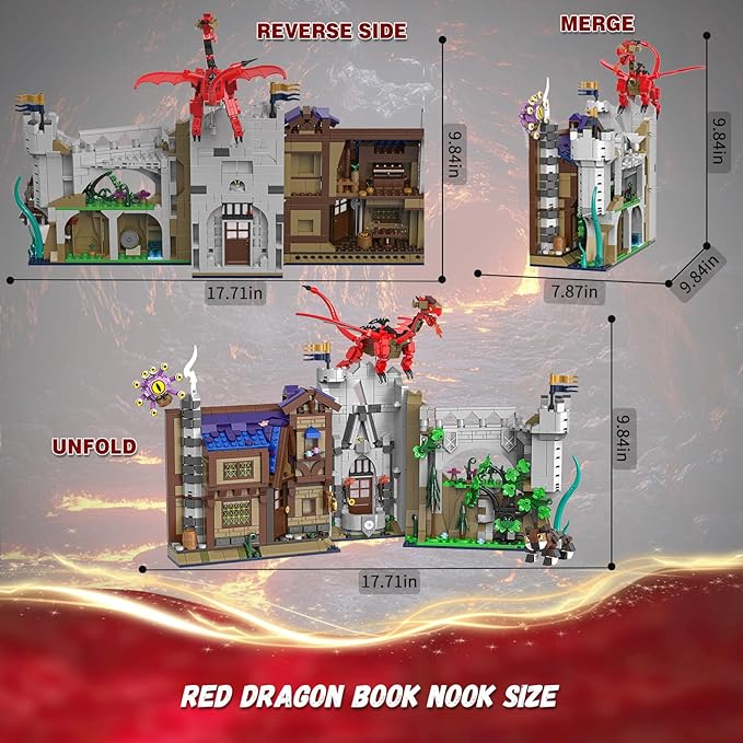 Red Dragons Medieval Castle Book Nook Building Set, Unique Bookend for Bookshelf & Home Decor, Compatible with Lego Adults, Dragon Toy Gift for Kids Boys 8-14 (1234 PCS)