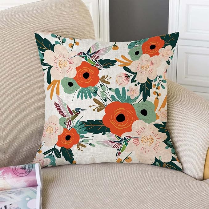 TSSOHU Flower and Hummingbird Pillow Cover Cotton Linen Spring Red Flower Green Leaves Boho Decorative Pillow Covers Cushion Cover Home Decor Pillowcase for 18x18 Inch