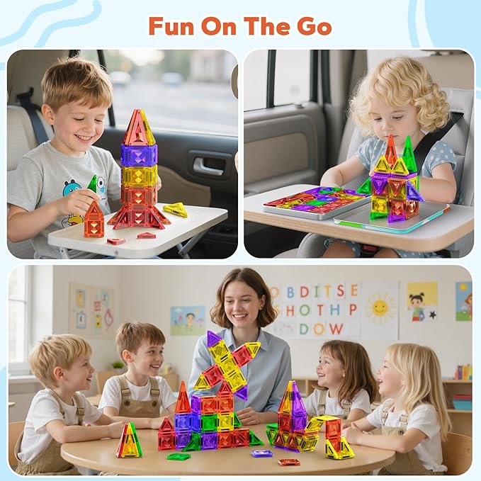Mini Magnetic Tiles for Kids Ages 4-8, 45PCS Diamond Pattern Magnetic Tiles Travel Set with Case, Portable Building Toys Creativity Boosting Sensory Toys for Toddler Boys Girls Halloween Birthday Gift